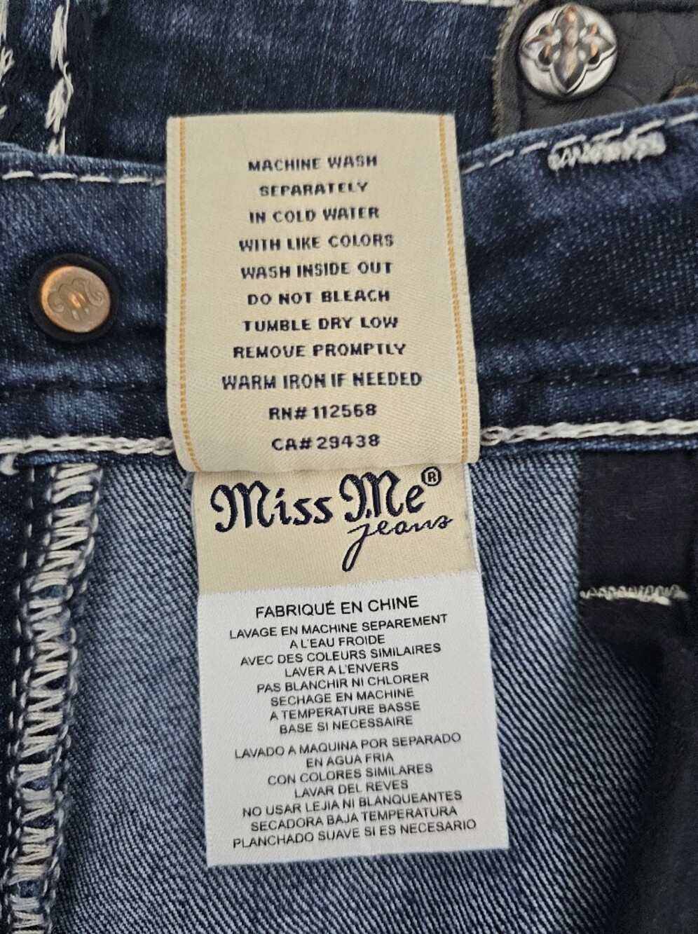 MissMe Wms Loose Saddle Stitch Border Bootcut Low-Rise Stretch Indigo Blue Sz 31 - Picture 16 of 16